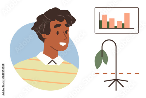 Smiling person beside a growth chart and wilting plant, representing ecological concern and data review. Ideal for sustainability, analytics, environmental impact, human connection, eco-awareness