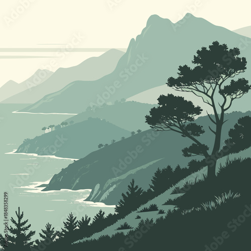 Serene coastal mountain landscape