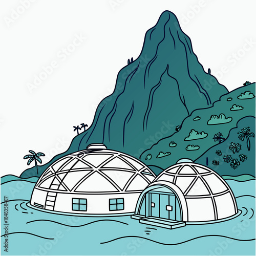 Floating domes near mountain