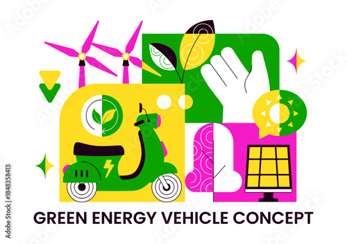 Green Energy Vehicle Vector Illustration Featuring Electrical Power, Environmental Conservation, Electric Transportation, and Sustainable Resources