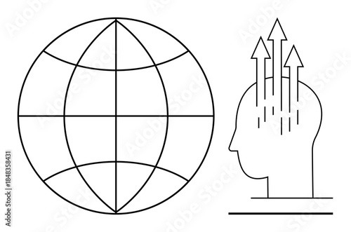Global growth. Depiction of a globe and human profile with arrows global growth and innovation. Global growth connections, creativity, progress, and visionary ideas. For education, innovation