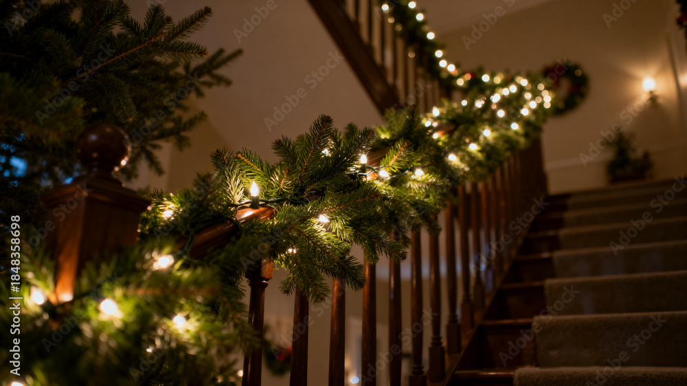 Fototapeta premium Christmas home staircase handrail decoration, pine branches and lights, warm and romantic