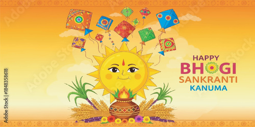 Festive illustration celebrating Bhogi Sankranti and Kanuma with traditional harvest elements and joyful decoration