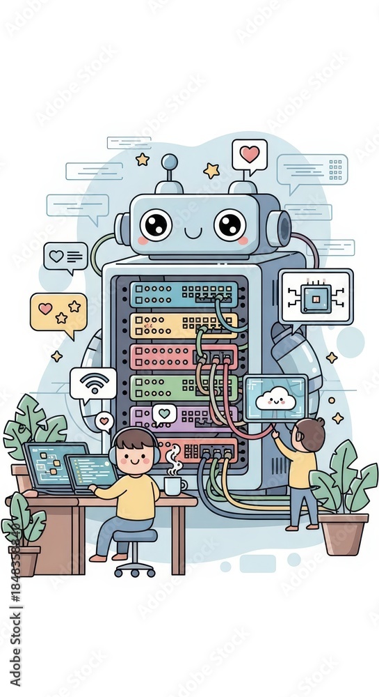 Naklejka premium Cartoon illustration depicts children working with a large, friendly robot server system in a modern office setting