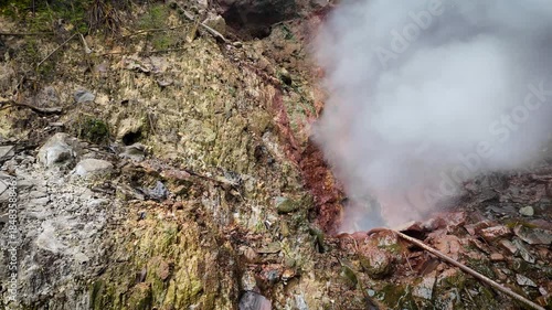 A view of geothermal steam erupting over rocky terrain with sparse vegetation and scattered debris in a rugged open natural environment.