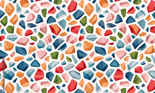 Seamless colorful terrazzo pattern, Abstract mosaic stone texture with red, blue, and pink fragments on white background, Modern confetti flooring design