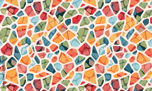 Seamless colorful dense mosaic pattern, Abstract interlocking stone texture with green, orange, and red fragments, Retro stained glass background