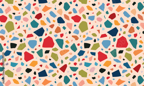 Seamless colorful terrazzo pattern, Abstract mosaic stone texture with navy blue, red, and mustard chips on light peach pink background, Modern trendy flooring design