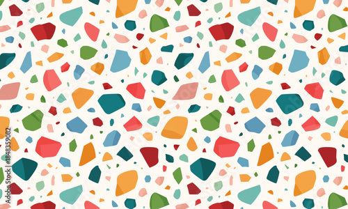 Seamless colorful terrazzo pattern vector, Abstract mosaic stone fragments and confetti chips on white background, Modern Venetian texture design