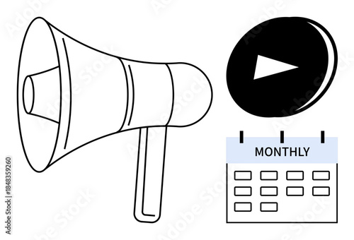 Marketing strategy, media distribution, content promotion, scheduling, broadcasting, communication. A megaphone, play button and monthly calendar. Marketing strategy and media distribution concept