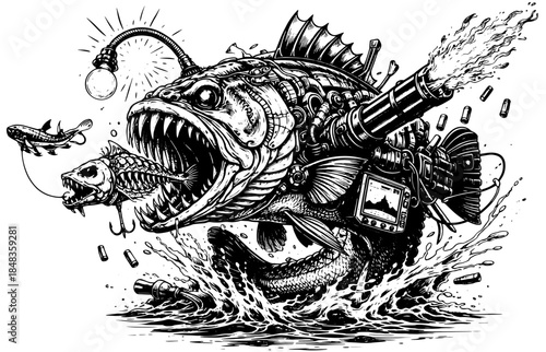 Vintage Aggressive Fishing Monster Engraving T Shirt Design, Inverted Black White Xerography Vector on Transparent Background