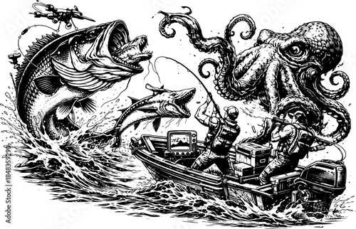 Vintage Epic Fishing Battle Engraving T Shirt Design, Inverted Black White Xerography Vector on Transparent Background