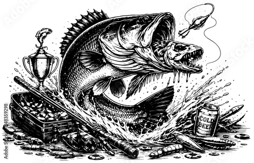 Vintage Big Fish Catch Engraving T Shirt Design, Inverted Black White Xerography Vector on Transparent Background