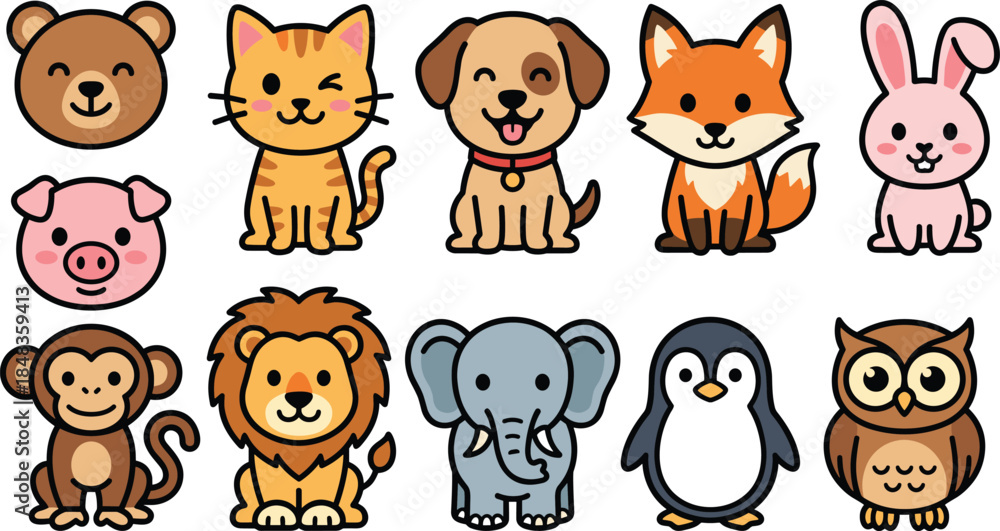 Fototapeta premium Cute cartoon animal characters set with bear, cat, dog, fox, rabbit, lion, elephant and penguin, colorful flat vector illustration