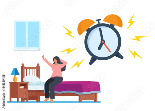 Wake up morning and alarm clock ringing stock illustration