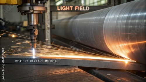 Precision metal cutting process in industrial workshop with sparks flying and steel surface in light and shadow play