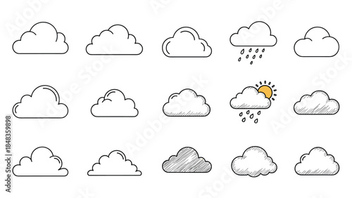 A diverse set of fifteen hand-drawn cloud icons in various doodle and sketch styles, including weather symbols for rain and sun.