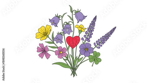 A vibrant and colorful bouquet of assorted wildflowers, including bluebells and buttercups, with a red heart symbol in the center.