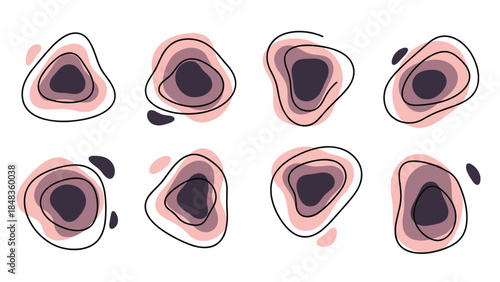 A set of eight abstract, organic shapes with layered colors and fluid line art, perfect for modern and trendy design projects.