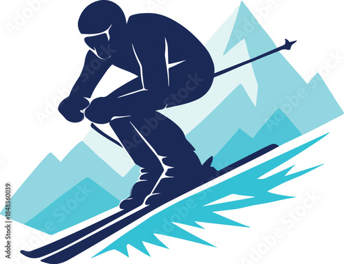 Silhouette of a downhill alpine skier carving aggressively through fresh powder snow against a mountain backdrop