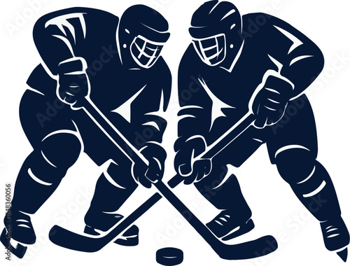 Two stylized hockey players fiercely battling for the puck during an intense faceoff in a graphic sports illustration