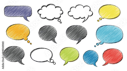 A collection of thirteen colorful, hand-drawn speech and thought bubbles with a unique scribbled texture for comic-style designs.