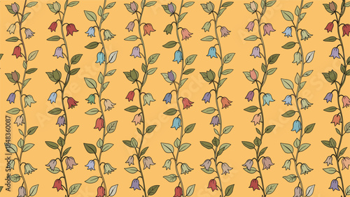 A charming seamless pattern featuring vertical vines of colorful, hand-drawn bellflowers on a warm, golden-yellow background.