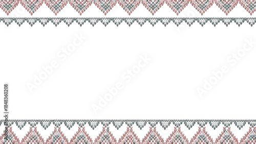 A horizontal frame or border featuring an ethnic, embroidered-style geometric pattern in grey and dusty rose on a white background.