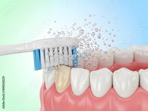 Professional 3D Illustration of Tooth Brushing with Toothbrush and Water Bubbles for Dental Hygiene