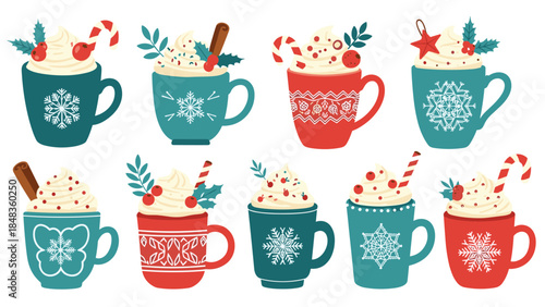 A cheerful collection of ten festive Christmas mugs filled with hot chocolate, whipped cream, and holiday decorations like candy canes.
