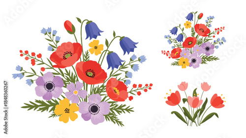 A beautiful set of three colorful wildflower bouquets featuring poppies, anemones, tulips, and bluebells in a flat design style.
