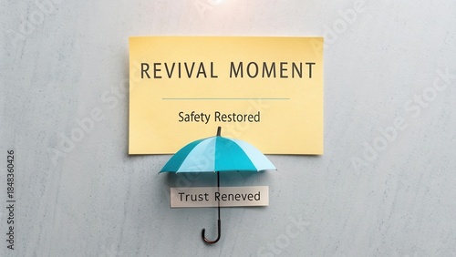 Revival Moment Sign with Umbrella Symbolizing Safety Restored and Trust Renewed in Modern Business Environment