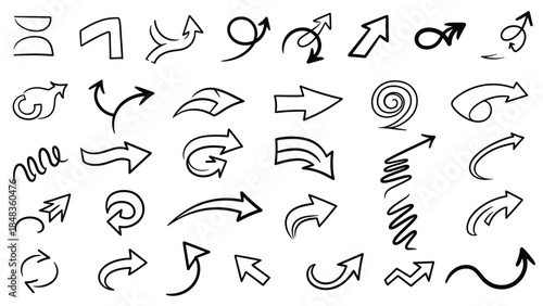 A large and varied set of over thirty hand-drawn arrows in a simple black doodle style, pointing in multiple directions.