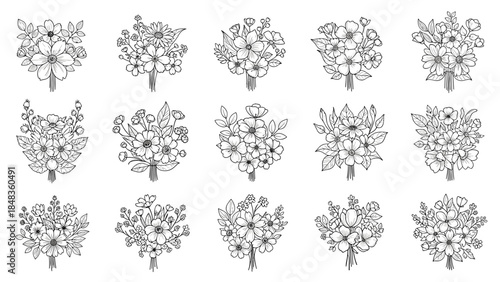 An extensive set of fifteen unique, hand-drawn wildflower bouquets in a beautifully detailed black and white line art style.