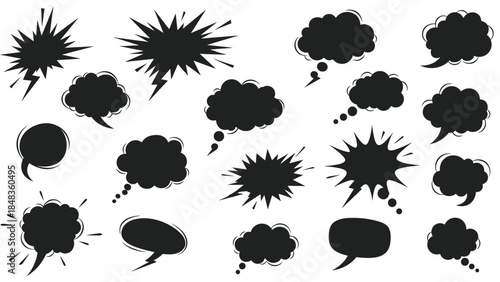 A collection of bold black silhouette speech bubbles, thought clouds, and comic book explosion shapes, isolated on a white background.