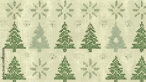 A rustic, seamless Christmas knitting pattern with green trees and snowflakes on a distressed, vintage-style beige background.