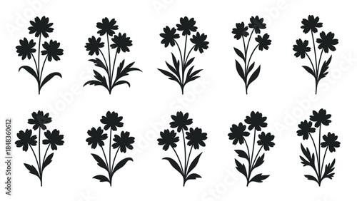 A collection of ten minimalist flower bouquets presented as simple, elegant black silhouettes, isolated on a white background.