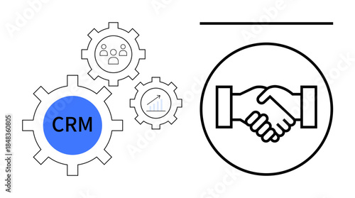 CRM concept. CRM processes highlighted by gear elements and handshake symbol for managing customer relationships. CRM supports businesses improving client interaction. Perfect for sales
