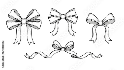 A set of four elegant, hand-drawn gift bows and ribbons, beautifully rendered in a classic black and white vintage engraving style.
