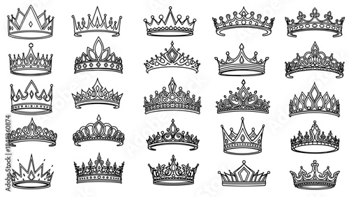 An extensive and regal collection of twenty-four intricately detailed crowns and tiaras, hand-drawn in an elegant outline style.