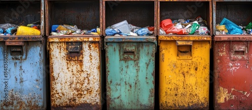 Rusty bins overflowing with trash outdoors. Recycling concept