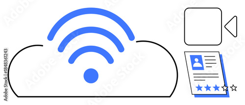 Cloud with wireless signal, video play button, profile card, and star rating. Ideal for cloud computing, data sharing, online communication, digital profiles, remote work connectivity abstract