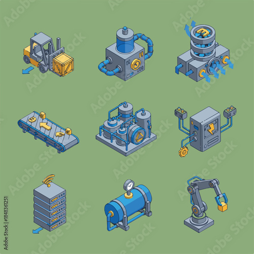 Nine isometric illustrations of industrial and technological equipment, including a forklift, factory machines, data servers, and a robotic arm, on green.