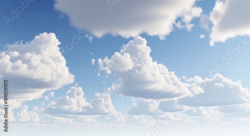 Fluffy white clouds float serenely across a vibrant blue sky, creating a peaceful and picturesque scene on a sunny day with soft, diffused light