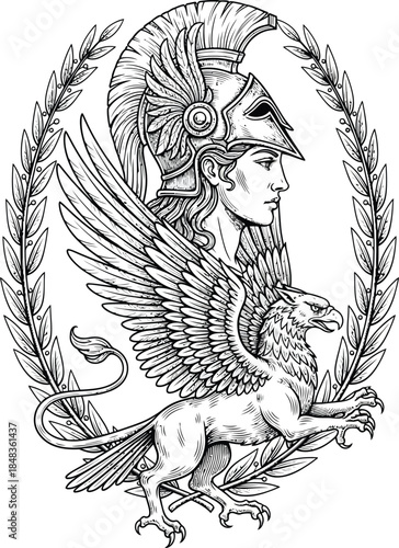 A detailed line art illustration of the Greek goddess Athena in a plumed helmet accompanied by a majestic griffin framed by a laurel wreath.