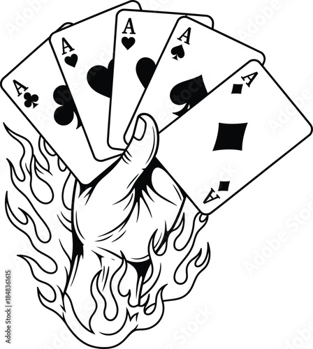 A powerful hand engulfed in flames holding a winning poker hand of four aces in a graphic line art style.