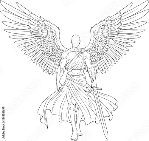 A powerful muscular faceless angel warrior with large spread feathered wings holding a longsword in a detailed line art style.