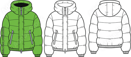 Hooded puffer jacket CAD drawing, flat vector illustration, winter outerwear design, front back views, technical fashion apparel sketch