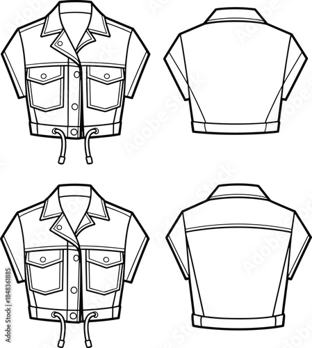 Cropped short sleeve jacket technical flat sketch front back view apparel design vector illustration isolated white background fashion CAD drawing