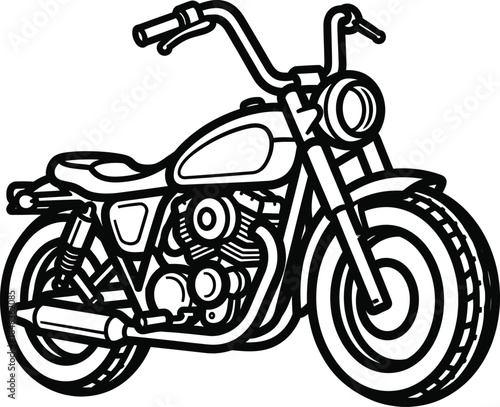 Bold black and white line art of a classic cruiser motorcycle with high handlebars and a detailed engine.